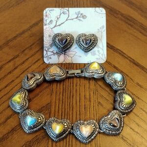 Cats Eye Moonglow Silver Tone Hearts Link Bracelet with Matching Earrings